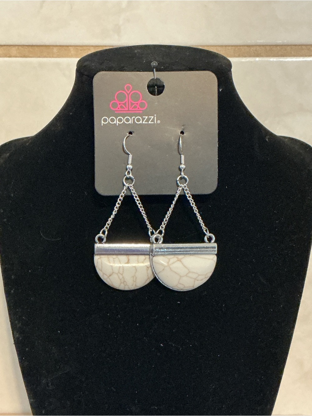 Paparazzi Silver-Tone Cream Marbled Half-Moon Dangles